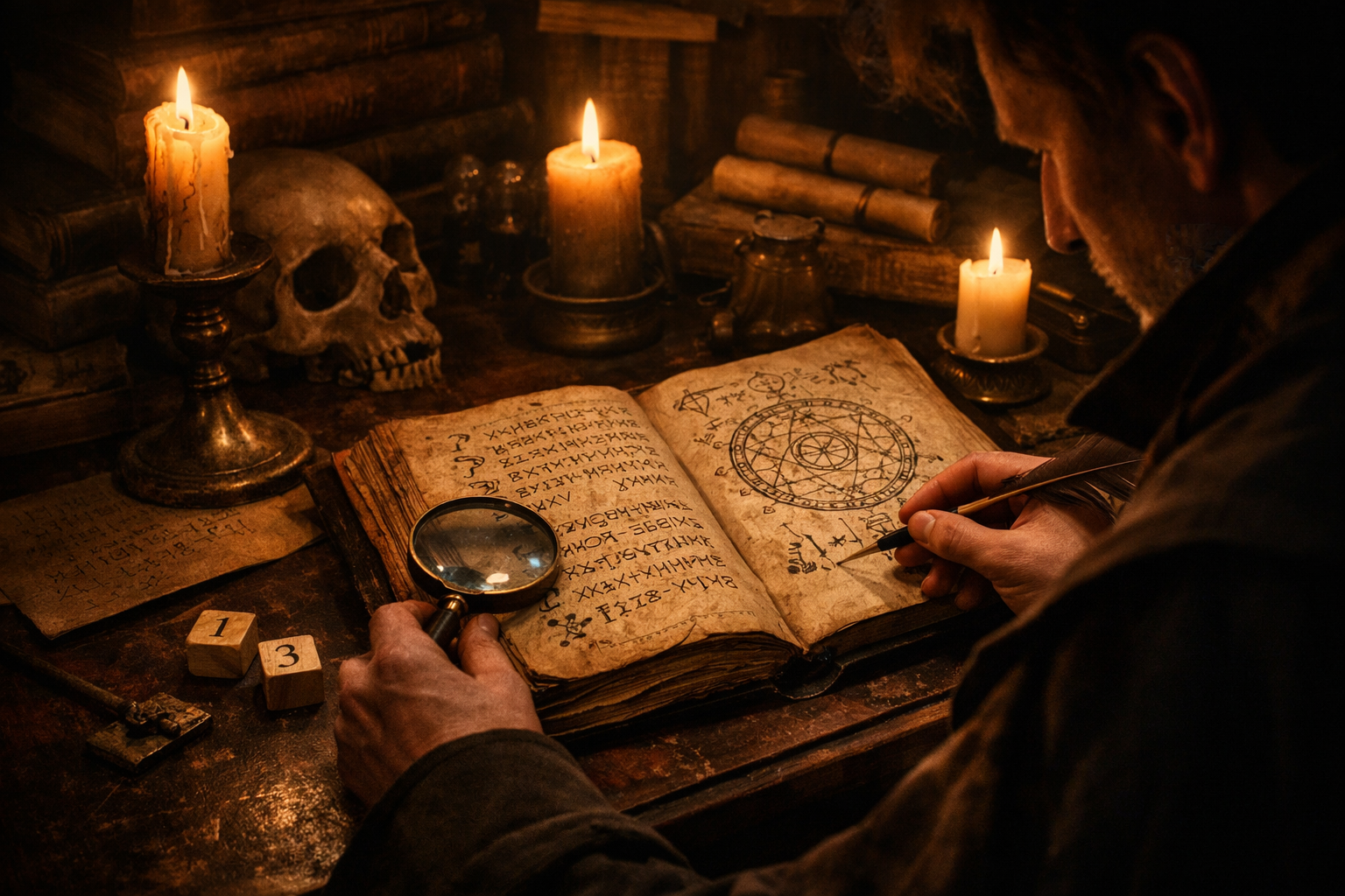 Investigator studying forbidden knowledge by candlelight