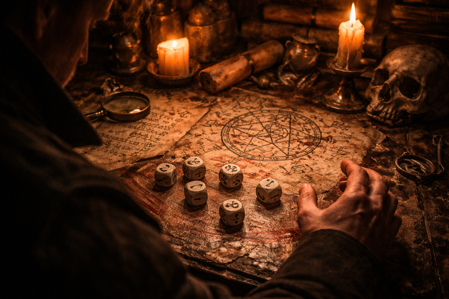 Occult dice ritual representing risky puzzle solving